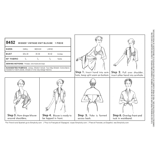 Naiste vintage 50`ndate pluus, suurused: A (S-M-L) Simplicity Pattern #8452 