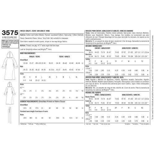 Naiste, meeste ja laste hommikumantlid,, Simplicity Pattern #3575 