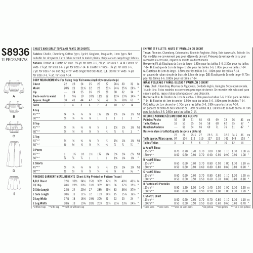 Laste ja tüdrukute topid, püksid ja shortsid, Simplicity Pattern #S8936 