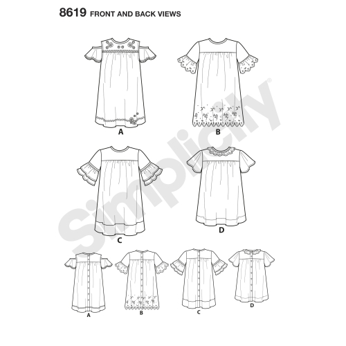 Laste Easy to Sew kleidid, suurused: A (3-4-5-6-7-8), Simplicity Pattern #8619 