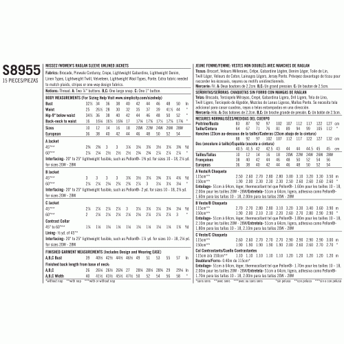 Naiste ja Petite-naiste raglaanõlgadega jakid, Simplicity Pattern #S8955 