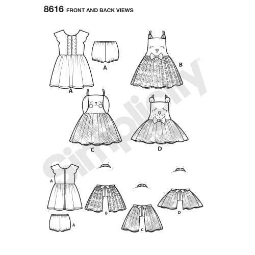 Mudilaste kleit ja põll Tutu, suurused: A (1 / 2-1-2-3-4), Simplicity Pattern # 8616 