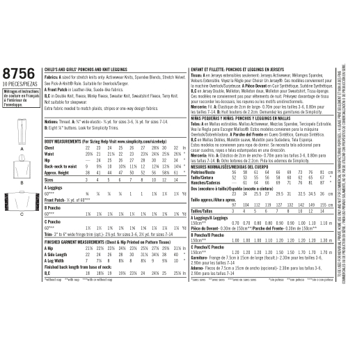 Laste ja tüdrukute pontšo ja retuusid, Simplicity Pattern #8756 