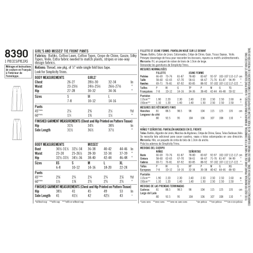 Girl`s and Women’s Tie Front One Piece Trousers, Sizes: A (S - L / XS - XL), Simplicity Pattern #8390 