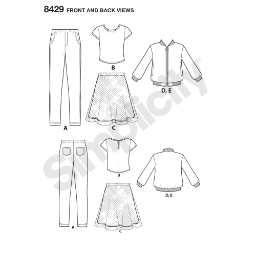 Laste ja tüdrukute bomber-jakk, seelik, retuusid ja top, Simplicity Pattern # 8429 