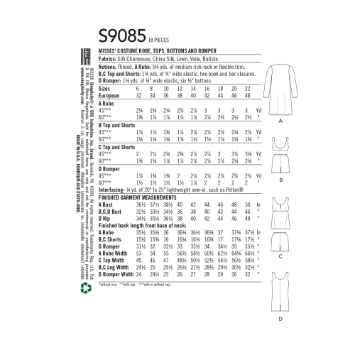 Naiste ajalooline kostüüm-hommikumantel, topid, püksid ja kombinesoonid, Simplicity Pattern #S9085 