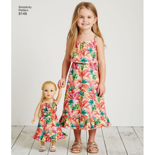 Samasugune lõige: naiste, laste ja 45cm pikkuse nukule, suurused: A (3 - 8 /XS-XL), Simplicity Pattern #8146 