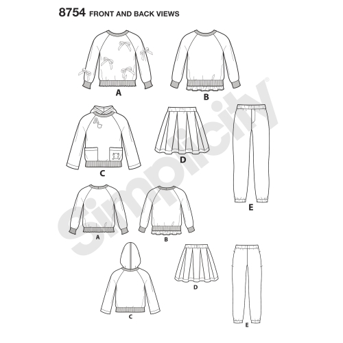 Laste püksid, seelik ja särgid, suurused: A (3-4-5-6-7-8), Simplicity Pattern #8754 