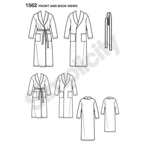 Laste, teismeliste ja täiskasvanute hommikumantel ja vöö, suurused: A (XS - L / XS - XL), Simplicity Pattern #1562 