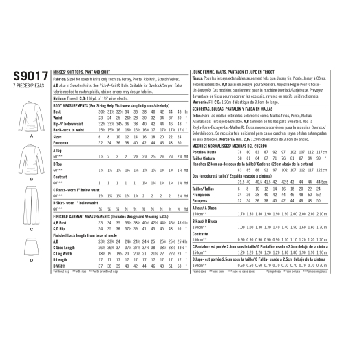 Naiste trikoo-topid, püksid ja seelik, Simplicity Pattern #S9017 