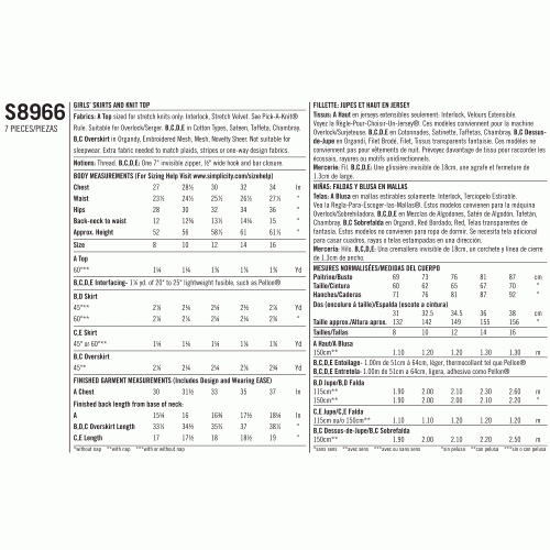 Tüdrukute seelikud ja trikoo topp suurused: 8-10-12-14-16, Simplicity Pattern #S8966 