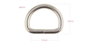 Strong D-ring, half ring 24 mm x 20 mm for belt width 15 mm, finishing: mat nickel