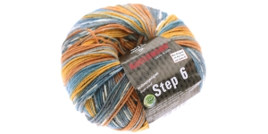 Aloe Vera ja Jojoba õliga immutatud sokilõng Step 6; Värv 713 (Kollane-oranž-sinine), Austermann