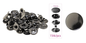 Press Buttons s-spring, brass made, black nickel (gunmetal, hematite) plating, ø15 mm