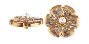 Silk-matte decorative metal shank button with crystals, golden