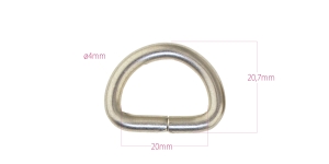 Steel D-ring, half ring 28 mm x 20 mm for belt width 20 mm, plated: mat nickel (silver like)