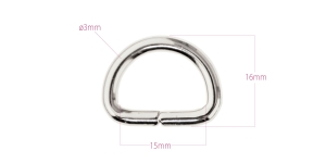Steel D-ring, half ring for belt width 15 mm, finishing: nickel