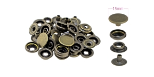 Press Buttons o-spring, brass made, antique brass plating, ø15 mm, 10 pcs set