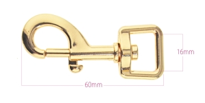 Swivel hook; swivel latch; snap hook, 60 x 20 mm, for belt 15 (max.16) mm, plating: warm golden