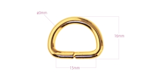 Steel D-ring, half ring for belt width 15 mm, finishing: warm golden