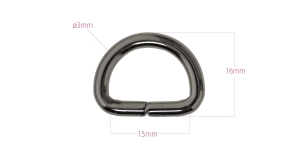 Steel D-ring, half ring for belt width 15 mm, finishing: gunmetal black