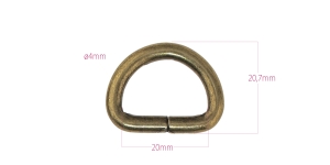 Steel D-ring, half ring 28 mm x 20 mm for belt width 20 mm, plated: old brass