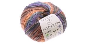 Aloe Vera ja Jojoba õliga immutatud sokilõng Step 6; Värv 627 (Sinine-lilla-hall-oranž-pruun), Austermann