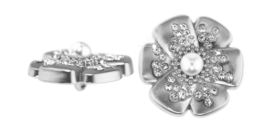 Silk-matte decorative metal shank button with crystals, silver