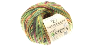 Aloe Vera ja Jojoba õliga immutatud sokilõng Step 6; Värv 742 (Heleroheline-kollane-erkroosa-oranž-hall), Austermann