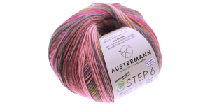 Aloe Vera ja Jojoba õliga immutatud sokilõng Step 6; Värv 679 (Lilla-roosa-hall-roheline), Austermann