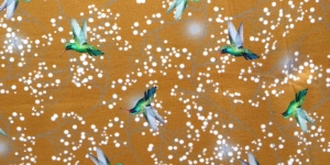 Ookerkollasel taustal, kirjud linnud, trikookangas 150cm