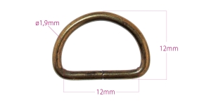 D-ring, half ring 12 mm x 17 mm for belt (10-)12 mm, plating: old brass