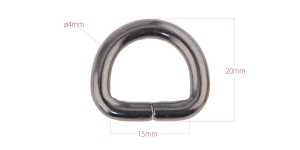Steel D-ring, half ring 23 mm x 20 mm for belt width 15 mm, finishing: Hi-shine gunmetal