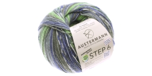Aloe Vera ja Jojoba õliga immutatud sokilõng Step 6; Värv 716 (Roheline-hall-sinine), Austermann
