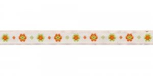  AB103 Väikeste lihtsate õitega kaunistuspael 15 mm, Art.11690, värv V1 oranž, roheline valgel taustal, jacquard, ribbon, trims, koristenauha/Лента декоративная