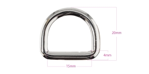 D-ring, half ring 23 mm x 20 mm for belt width 15 mm, finishing: Hi-shine nickel