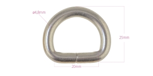 Steel D-ring, half ring 28 mm x 25 mm for belt width 20 mm, plating: mat nickel