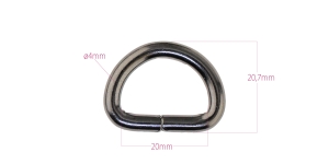 Steel D-ring, half ring 28 mm x 20 mm for belt width 20 mm, plated: gunmetal (hematite)
