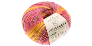 Aloe Vera ja Jojoba õliga immutatud sokilõng Step 6; Värv 626 (Lilla-roosa-oranž), Austermann