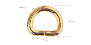 Steel D-ring, half ring 23 mm x 20 mm for belt width 15 mm, finishing: Hi-shine warm gold