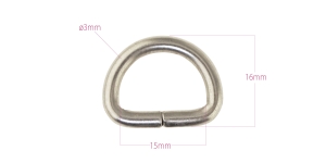 Steel D-ring, half ring for belt width 15 mm, finishing: mat nickel (silver-like)