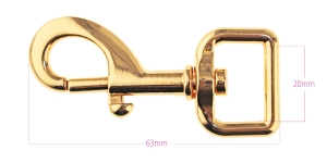 Swivel hook; swivel latch; snap hook, 62 x 27 mm, for belt 20 mm, plating: warm golden
