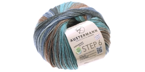 Aloe Vera ja Jojoba õliga immutatud sokilõng Step 6; Värv 629 (Hall-sinine-roheline-pruun), Austermann