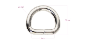 Strong D-ring, half ring 24 mm x 20 mm for belt width 15 mm, finishing: nickel