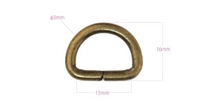 Steel D-ring, half ring for belt width 15 mm, finishing: old brass