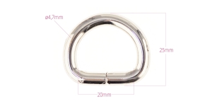 Steel D-ring, half ring 28 mm x 25 mm for belt width 20 mm, plating: nickel