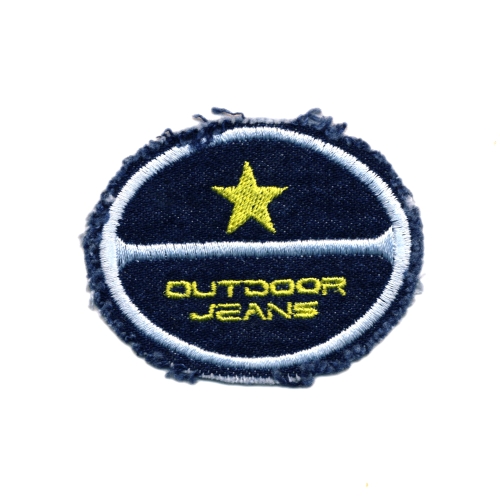 Triigitav aplikatsioon;Teksariidest ovaalne, aplikatsioon kirjaga "Outdoor jeans"/ Embroidered Iron-On Patch 7 x 5,5 cm