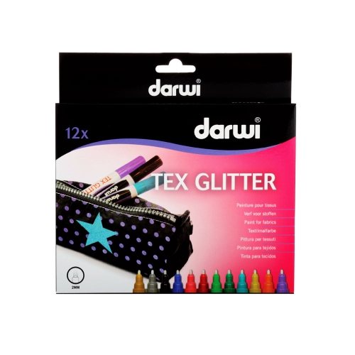 Tekstiili viltpliiatsite komplekt, kangamarkerid, säraga glitter-värv, 2 mm joonega, 12 tk x 6 ml, Darwi TEX Glitter
