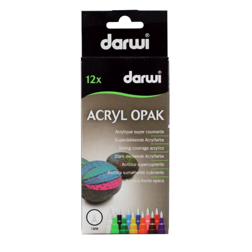 Akrüülvärviga viltpliiatsite komplekt, katva Opaque värviga, 1mm joonega, 12tk x 3ml, Darwi Acryl Opaque