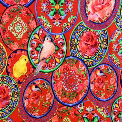 Luksusliku lille- ja linnuornamendiga trikookangas kupongina 150cm x120cm Art.4876